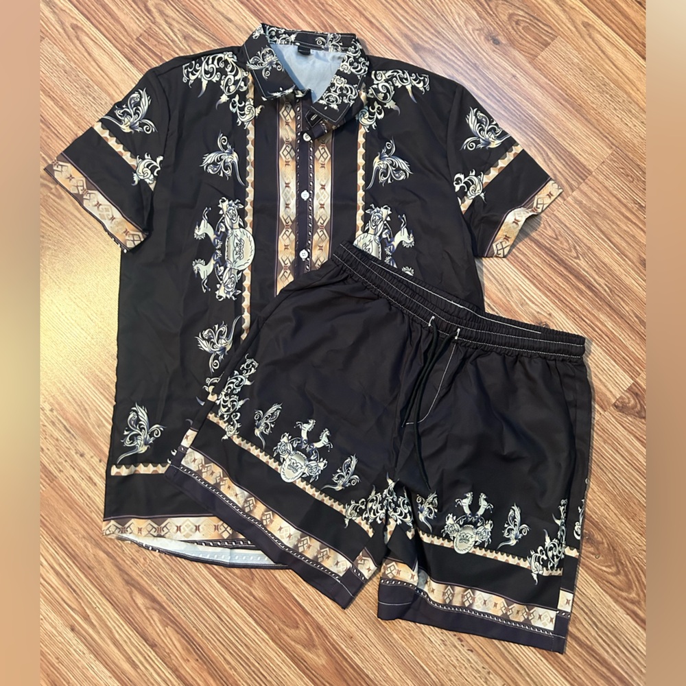 SHEIN Mena Black and Gold Patterned Shirt and Shorts Set
